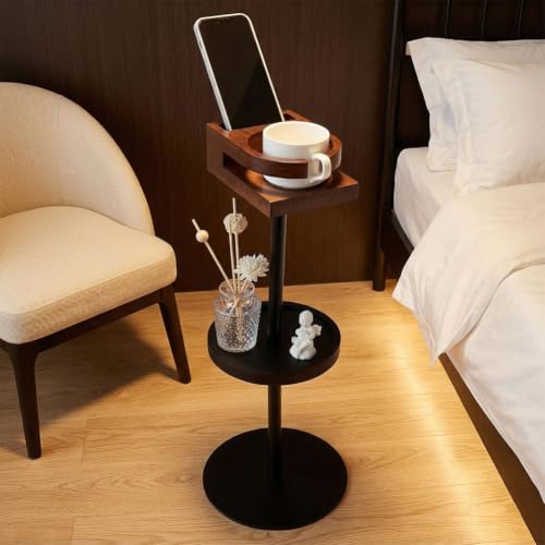 UNICRAFTALE Slim Side Table with Brown Round Top Black Multi Tier Drink Table for Small Spaces Accent Tables for Living Room Sofa Bedside 8.58x5.04x21.97 Inch