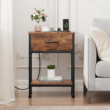 Vagusicc Nightstand with Charging Station, End Table with Fabric Drawer, Small Side Table with 2-Tier Storage Shelves, 25.4" Tall Bedside Table, Night Stand for Bedroom Living Room Dorm, Rustic Brown - color: Rustic Brown (1 Pack)