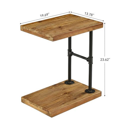 C Shaped Solid Wood Nightstand, Narrow Bedside Table with Shelf for Small Bedroom, Industrial Rustic Bed Side Table for Low Beds, Laptop Desk for Bed, Black Metal Frame (2, Brown)