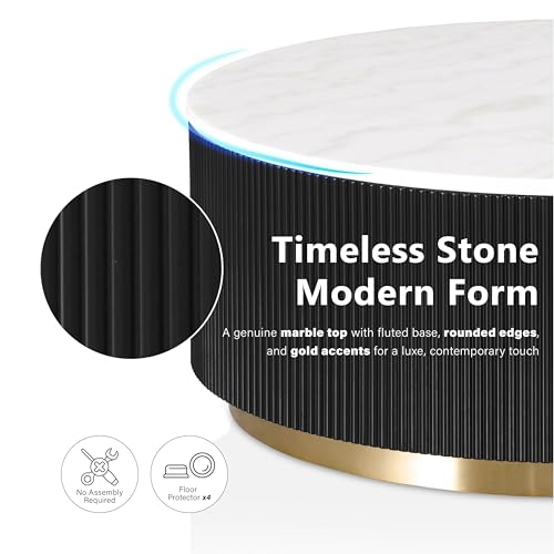 Furniture of America Beryl Modern Round White Genuine Marble Top Coffee Table with Fluted Pedestal Base and Gold Stainless Steel Accent, Low Profile Table for Living Room, Home Office, Black - size: Coffee table, style: Round