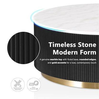 Furniture of America Beryl Modern Round White Genuine Marble Top Coffee Table with Fluted Pedestal Base and Gold Stainless Steel Accent, Low Profile Table for Living Room, Home Office, Black - size: Coffee table, style: Round