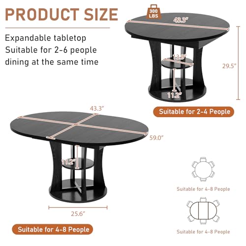 Extendable Round Dining Table for 4-6-8, 43.3-59in Expandable Dining Table with Storage Shelf, Space Saving Circle Oval Kitchen Table with Leaf for Dining Room, Black - color: Black