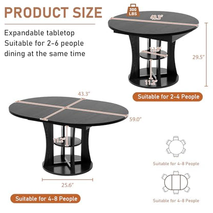 Extendable Round Dining Table for 4-6-8, 43.3-59in Expandable Dining Table with Storage Shelf, Space Saving Circle Oval Kitchen Table with Leaf for Dining Room, Black - color: Black