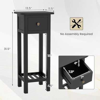 Giantex Narrow End Table with Drawer, Tall Acacia Wood Side Table with Bottom Shelf, Modern Bedside Tables, 2-Tier Nightstand for Small Spaces Bedroom Living Room, No Assemble Required, Black - color: Black