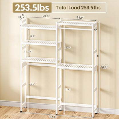 Cozivolife Over The Washer and Dryer Storage Shelf Bamboo,5 Tiers Laundry Room Drying Rack with Adjustable Shelves and 4 Hooks,Space Saver Organizer for Hanging Clothes and Towels (White) - color: White