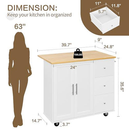 SUNLEI Kitchen Island with Storage Cabinet & Foldable Drop Leaf, Buffet Sideboard Cabinet, Cart Handle for Towel Rack, Drop Leaf, Portable Islands for Kitchen (Stylish White, 39.7-INCH) - size: 39.7 INCH, style: White
