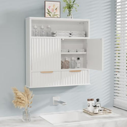 Bathroom Wall Cabinet with Fluted Design, Adjustable Shelves & Soft-Close Hinges, Hanging Storage Cabinet with Open Cubby & Drawers for Toiletries, Towels, Bathroom Organization (White)