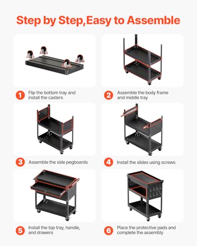 VEVOR 4-Tier Tool Cart with Wheels, 350 lbs Load Capacity, Rolling Work Cart with Drawer & Pegboard, Mechanic Tool Storage Organizer with Locking System for Garage, Warehouse and Repair Shop, Black - style: 4-Tier-350 lbs with 1 Drawer