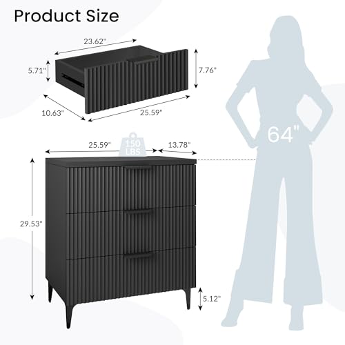 25.6" W Black Fluted Nightstand with 3 Drawer, Modern Wood Night Stands | Bedside Table for Bedroom King/Queen Bed, End Table with Robot-friendly Legs for Living Room,Entry - color: 3 Drawers-1pcs-black