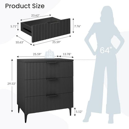 25.6" W Black Fluted Nightstand with 3 Drawer, Modern Wood Night Stands | Bedside Table for Bedroom King/Queen Bed, End Table with Robot-friendly Legs for Living Room,Entry - color: 3 Drawers-1pcs-black