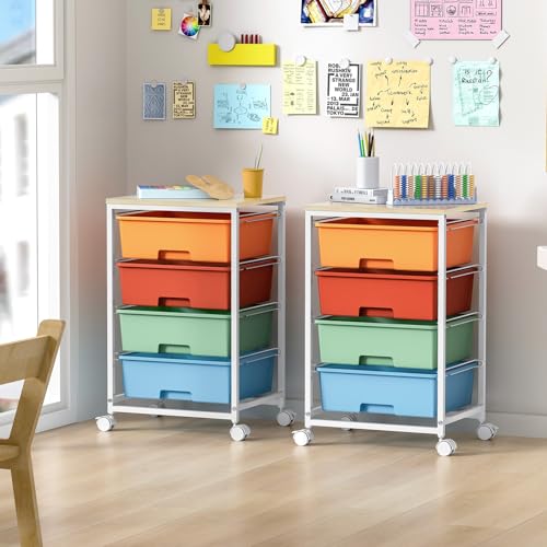 SYKIARIOL Rolling Cart with Drawers, 4-Drawer Utility Cart, Macaron | Storage Cart with 4 Drawers and Wooden Tabletop & Lockable Wheels for Home Office, Bedroom, Kids Room, Classroom,4 Tiers - color: Macaron