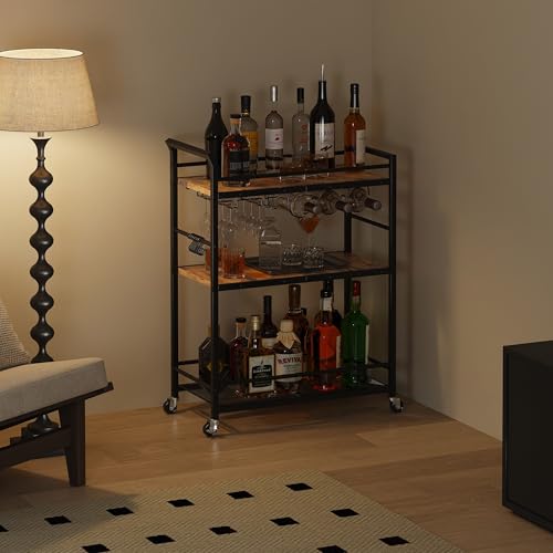 3 Tier Bar Cart, Small Beverage Cart, Mini Bar Cart with Wine Rack, Home Bar Serving Cart with Wheels for Kitchen Dining Living Room (Rustic Brown, General) GBC507R - color: Rustic Brown, size: General