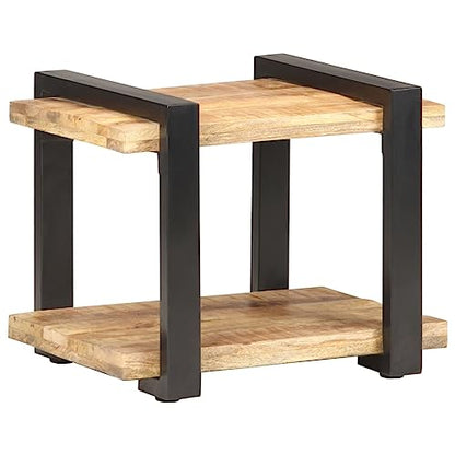 Industrial Bedside Cabinet, Natural Rough Mango Wood End Table, 19.7x15.7x15.7 inch Nightstand for Bedroom, Living Room, Durable Iron Frame, Brown Finish Bedside Furniture