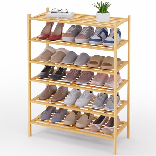 Smiry Bamboo Shoe Rack, 6 Tier Free Standing Wooden Shoe Organizer, Stackable Wood Shoe Storage Shelf for Closet, Entryway, 5 Horizontal Slats, 26.8"x11"x36.6", Natural - color: Natural, size: 6 Tier - 26.8" Wide