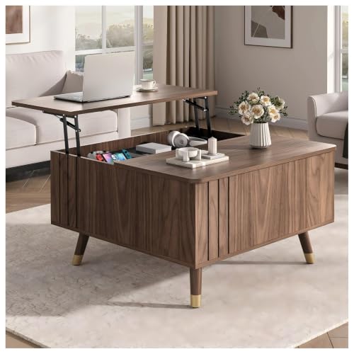 Square Coffee Table with Lift-Top & Flip-Top Storage, 36" Functional Modern Accent Center Table with Solid Wood Legs, Rustic Walnut Coffee Tables for Living Room Small Space or Office - color: Walnut, size: Square