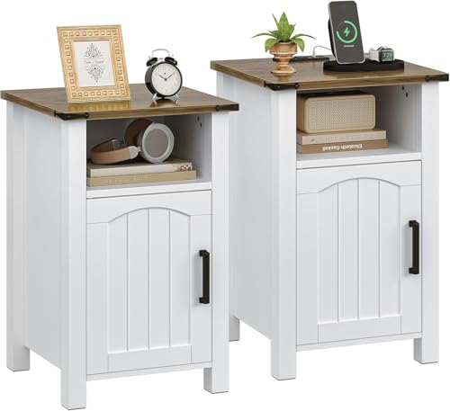 Farmhouse Nightstand with Charging Station, Set of 2 End Table with USB/Type-C Ports, Rustic Bedside Table with Large Storage and Open Shelf, Modern Side Table for Bedroom, Pure White + Walnut - color: Pure White + Walnut