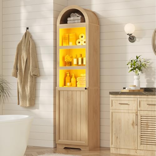 72" Tall Arched Narrow Bathroom Storage Cabinet with Lights, Slim Storage Cabinet with Adjustable Shelves for Small Spaces, Farmhouse Style (Oak) - color: Oak