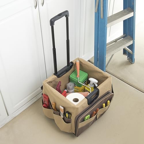 Folding Mobile Utility Cart, Canvas Organizer Bag, Chocolate/Sand | Durable plastic, 30 compartments, adjustable handle, 40 lb capacity, collapses to 3" thick, rolling wheels for easy transport - color: Chocolate/Sand