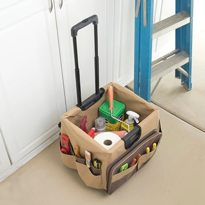 Folding Mobile Utility Cart, Canvas Organizer Bag, Chocolate/Sand | Durable plastic, 30 compartments, adjustable handle, 40 lb capacity, collapses to 3" thick, rolling wheels for easy transport - color: Chocolate/Sand