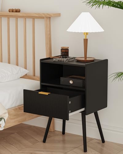 Veegle Nightstand,Modern Bedside Table with Storage Drawer and Open Wood Shelf, Accent Night Stand with Solid Wood Legs for Living Room, Bedroom and Small Spaces,Easy Assembly (Black) - color: Black