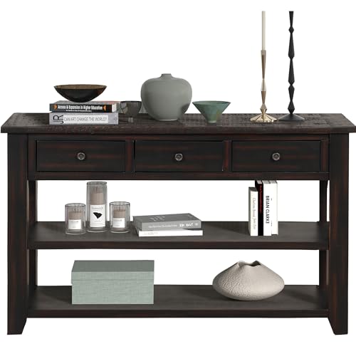 LKTART 48.8" Solid Wood Console Table for Entryway;Sofa Table with Storage | Distressed Black Real Wood Farmhouse Console Table with Drawers;Entry Way Table for Living Room,Foyer,Hallway;Easy Assembled - color: Black Espresso