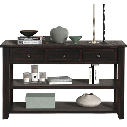 LKTART 48.8" Solid Wood Console Table for Entryway;Sofa Table with Storage | Distressed Black Real Wood Farmhouse Console Table with Drawers;Entry Way Table for Living Room,Foyer,Hallway;Easy Assembled - color: Black Espresso