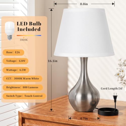 Seealle Touch Table Lamp for Bedroom, 3-Way Dimmable Small Bedside Lamps for Night Stands with Wires, Silver Desk Lamp for Kids Room, Office, Living Room, End Table(LED Bulb Included) - color: G. White Shade & Silver Base