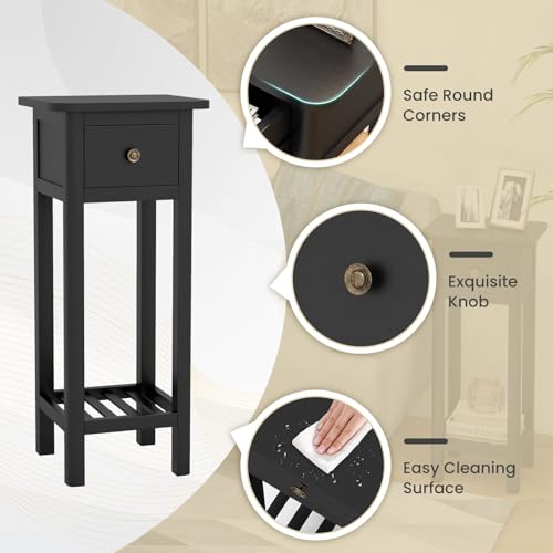 Giantex Narrow End Table with Drawer, Tall Acacia Wood Side Table with Bottom Shelf, Modern Bedside Tables, 2-Tier Nightstand for Small Spaces Bedroom Living Room, No Assemble Required, Black - color: Black