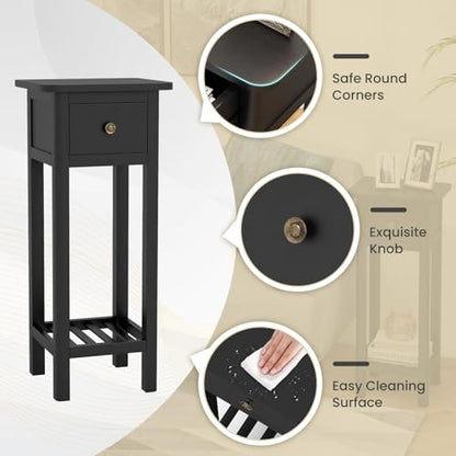 Giantex Narrow End Table with Drawer, Tall Acacia Wood Side Table with Bottom Shelf, Modern Bedside Tables, 2-Tier Nightstand for Small Spaces Bedroom Living Room, No Assemble Required, Black - color: Black
