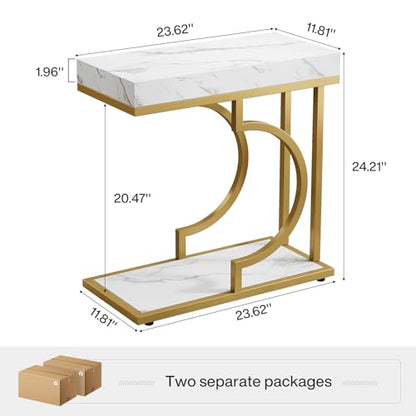 Tribesigns C Shaped Modern End Table for Coach with Metal Frame | Faux Marble Grain, Small Side Table for Living Room, Nightstand for Bedroom, White&Gold - color: White&gold