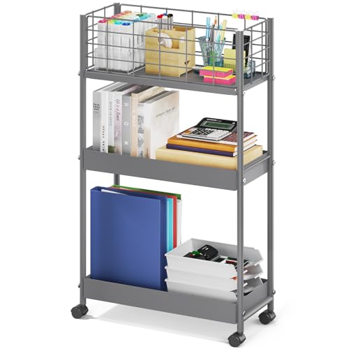 KINGRACK Slim Rolling Storage Cart 3 Tier - Heavy Duty Metal Utility Cart with Raised Edge & Wheels, Narrow Small Mobile Organizer Shelves for Bathroom, Kitchen, Laundry, Office, Living Room, Grey - color: Grey, size: 3-Tier