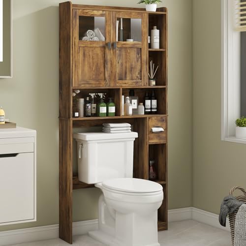 Vabches Over The Toilet Storage Cabinet with Doors and Shelves, Brown | Freestanding Home Space Save Toilet Rack, with Adjustable Shelves for Restroom, Bathroom, Laundry - color: Brown, size: W31.69''