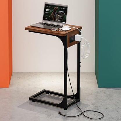 C-Shaped Side Table for Couch - Small Coffee Stand Sofa Tray Desk with Metal Frame Waterproof Scratch Resistant Wood Top and Built-in Charging Station, Rustic Walnut - color: Rustic Walnut, size: 1-Pack, style: Includes Power Outlets
