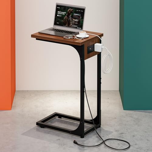 C-Shaped Side Table for Couch - Small Coffee Stand Sofa Tray Desk with Metal Frame Waterproof Scratch Resistant Wood Top and Built-in Charging Station, Rustic Walnut - color: Rustic Walnut, size: 1-Pack, style: Includes Power Outlets