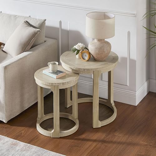 Round End Side Table Set of 2, Handcraft Nesting Table for Living Room, Modern Wood Circle Style, Easy Assembly, Oak - color: S1-2pcs-oak