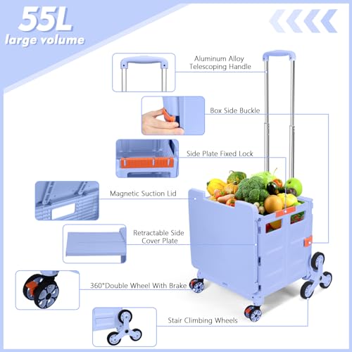 Foldable Utility Cart Folding Portable Rolling Crate with Magnetic Extended Lid,360°Rotate Wheels,176LBS Load Capacity,Heavy Duty Durable Dolly Cart(Blue) - color: Blue, size: Magnetic Extended Lid &Climber Wheels