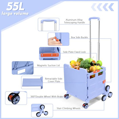 Foldable Utility Cart Folding Portable Rolling Crate with Magnetic Extended Lid,360°Rotate Wheels,176LBS Load Capacity,Heavy Duty Durable Dolly Cart(Blue) - color: Blue, size: Magnetic Extended Lid &Climber Wheels