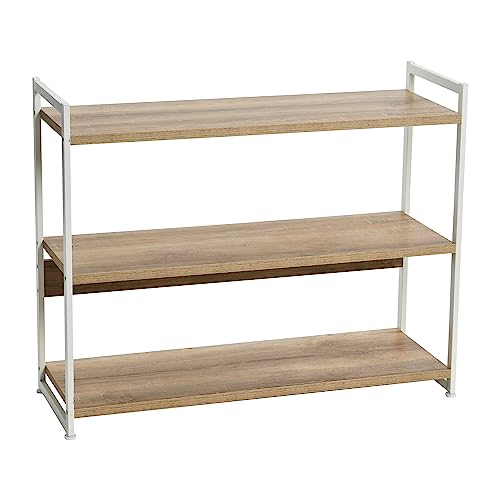 Household Essentials Jamestown Wide 3 Shelf Open Storage Bookshelf Coastal Oak Rustic Wood Grain and White Metal - color: Coastal Oak