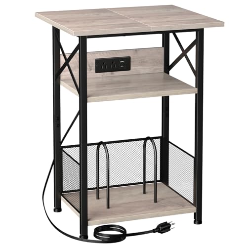 AMHANCIBLE Record Player Stand with Charging Station, Vinyl Record Storage | Large Turntable Stand with Type-C, Vinyl Record Player Table Holds 100 Albums, 3 Tier End Table Living Room, Grey - color: Greige, size: W 18.89" x D 15.74"