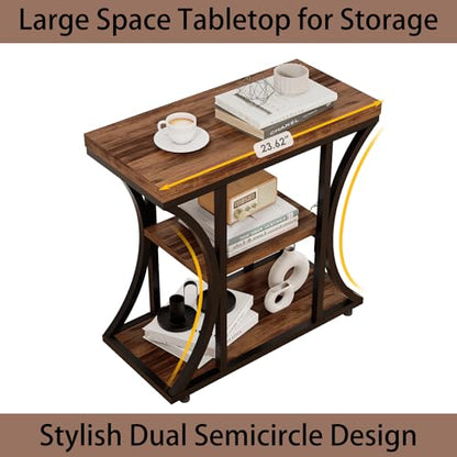 3 Tier End Table with Storage, Narrow End Table for Living Room and Bedroom, Small Space Wood and Metal Side Table, Rustic Brown - color: Rustic Brown