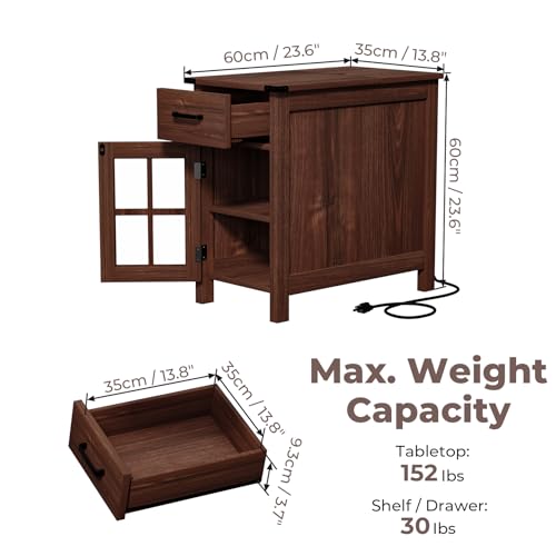 Farmhouse End Table with Charging Station, Narrow Side Table for Living Room, Sofa Side Table with Drawer and Storage Cabinet, Small Nightstand for Bedroom, Home Office - color: Cherry