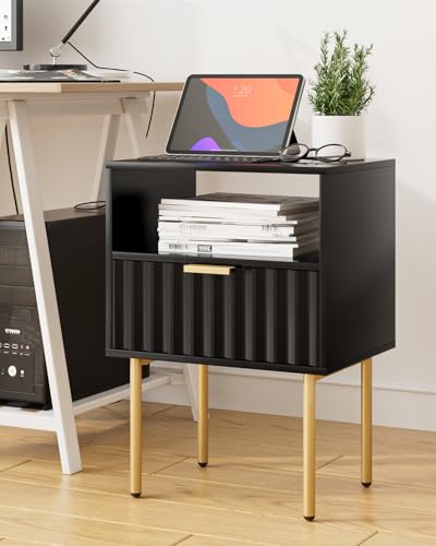 Night Stand,Modern Bedside Table with Drawer and Shelf,Black Night Stand with Gold Frame,Small Side Table for Bedroom,Living Room - color: Black