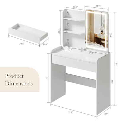Memobarco Small Vanity Desk with Mirror and Lights, Makeup Vanity with Drawer & Storage Shelves, Vanity Desk with 3 Lighting Modes & Adjustable Brightness, Dressing Table for Women Girls Bedroom,White - color: White