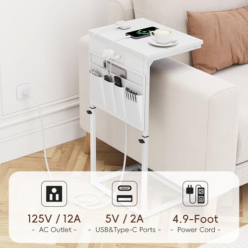 Vagusicc C Shaped End Table with Charging Station, Adjustable Height Side Table for Couch, Sofa Table Laptop Couch Side Tables, Slide Under Sofa TV Tray Arm C Tables for Living Room Bedroom, White - color: 1pc White