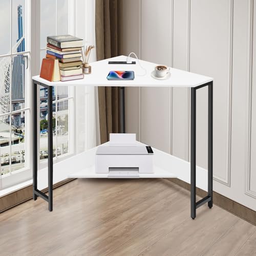 Corner Computer Desk, Small Modern Laptop Desk w/Outlets, Triangle Table w/Storage Shelf for Small Space for Home Office Student Dormitories Bedroom Game Room Study Room Workstation (White)