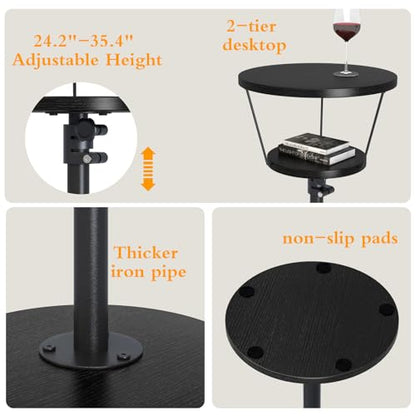 Small Side Table, 2 Tier Drink Table, Height Adjustable Round End Table, Pedestal Side Table for Small Spaces in Living Room, Bedroom, Black - color: Black-2 Tier