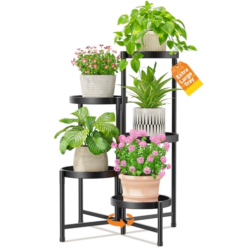 LASZOLA 5 Tier Large Plant Stand Indoor Tall with 10 Inch Metal Tray, Corner Folding Flower Display Rack, Modern Plant Holder Shelf for Outdoor Patio Porch Garden Office Living Room, Black - color: Glossy Black, size: 5 Tier