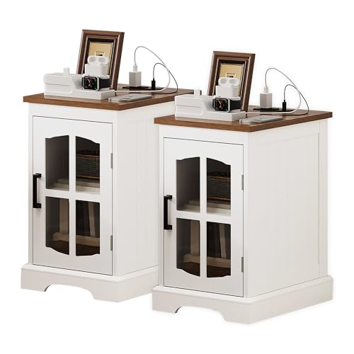 ChooChoo Farmhouse End Table Set of 2 with Charging Station, Nightstand with Adjustable Shelf and Glass Door, White Side Table for Living Room, Bedroom - color: White