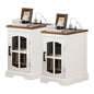 ChooChoo Farmhouse End Table Set of 2 with Charging Station, Nightstand with Adjustable Shelf and Glass Door, White Side Table for Living Room, Bedroom - color: White