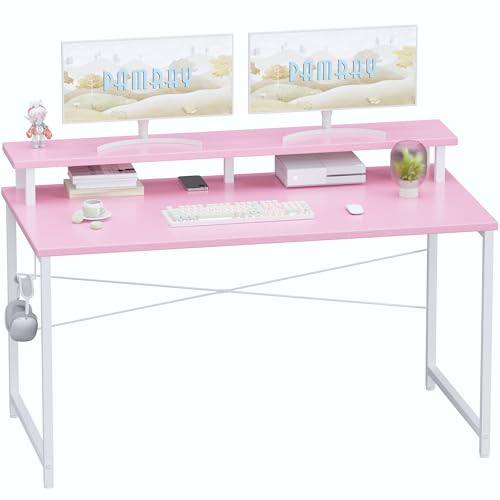 Pamray 47 Inch Small Computer Desk with Monitor Stand, Simple Office Desk with Headphone Hook for Small Spaces, Kids Study Writing Table for Bedroom, Pink - color: Pink, size: 47 Inch